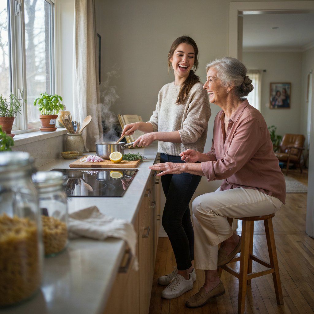 Intervenante O Services préparant un repas avec une personne âgée, cuisine lumineuse